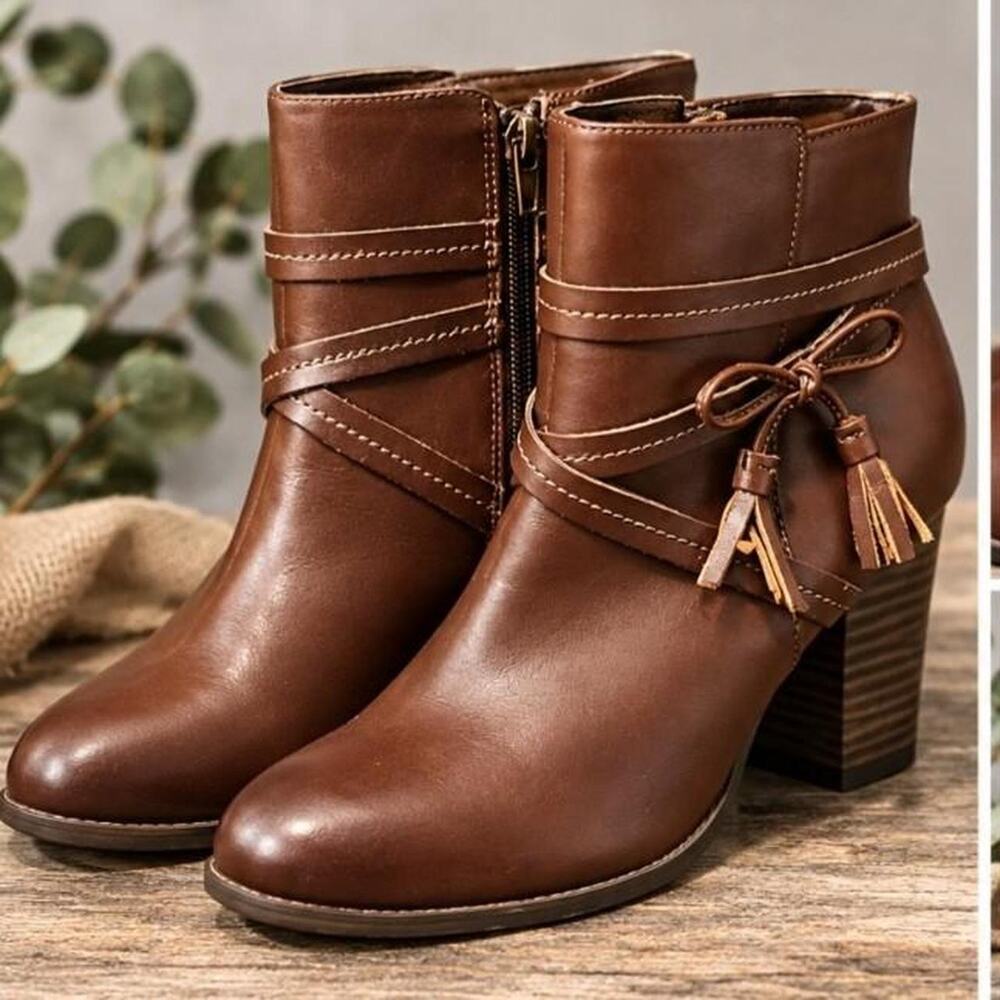 TU Sole Comfort Brown Tassel Ankle Boots Size 6 Boho Western Block Heel